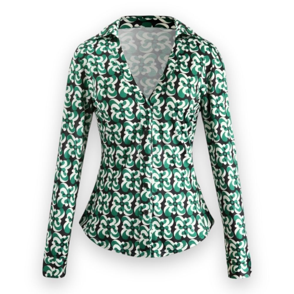 Zara Retro Green V-Neck Geometric Floral Print  Top Cream Black US M BNWT